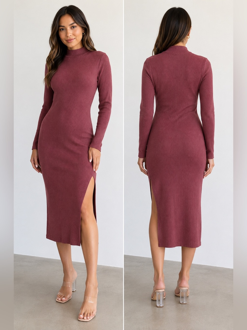 ZESICA Ribbed Knit Midi Sweater Dress Mauve Pink Side Slit Mock Neck NWT Small